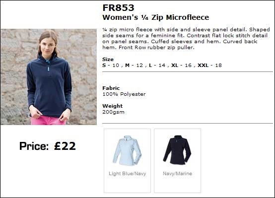 Ladies fleece sizes and colours